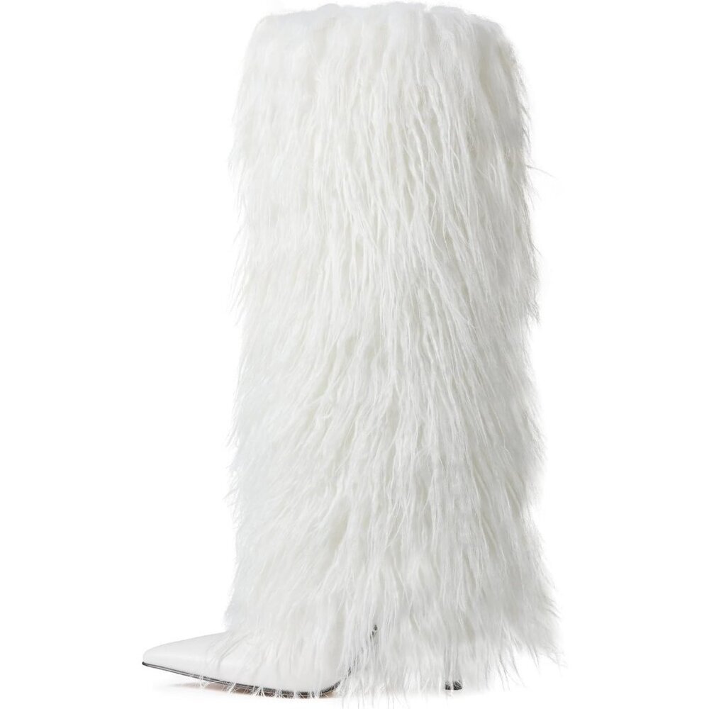 Womens White Fur Knee High Boots with Heels Wide Calf Tall Fold Over Party Boots